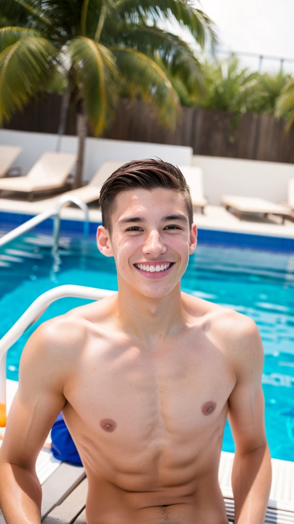 male Age 18 swimwear lifeguard topless smile