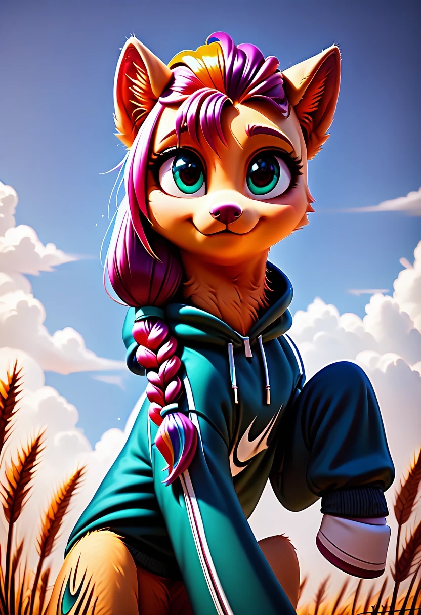 Sunny Starscout, Sweatshirt, Nike Brand, (White Background background: Full), very cute, detailed mane and fur, fluffy, (body fur), blurry, beautiful, cloudy_Sky cloud,Sky, day, high detail, digital art style, soft diffusion, dutch angle,