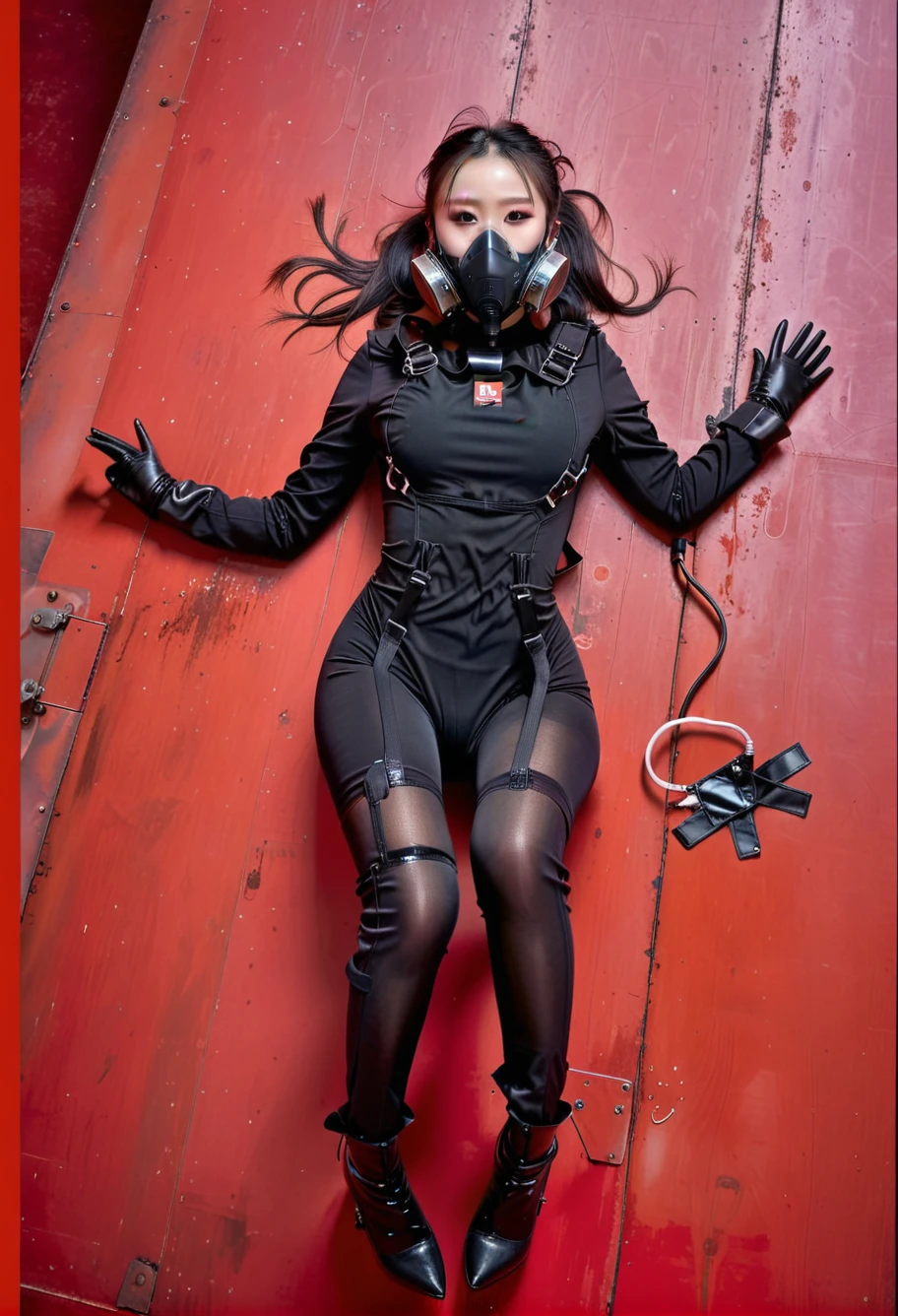 score_9,score_8_up,score_7_up,8k,hd,1girl,red background,lying,from above,,ruanyi0406,black bodysuit,respirator,gloves,platform footwear,platform heels,