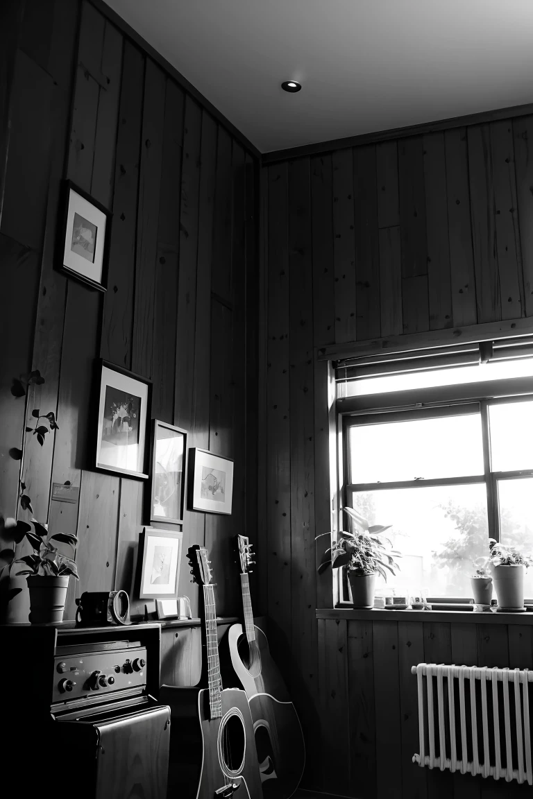 Acoustic guitar, wooden studio, houseplants, black-and-white photos written on the wall.