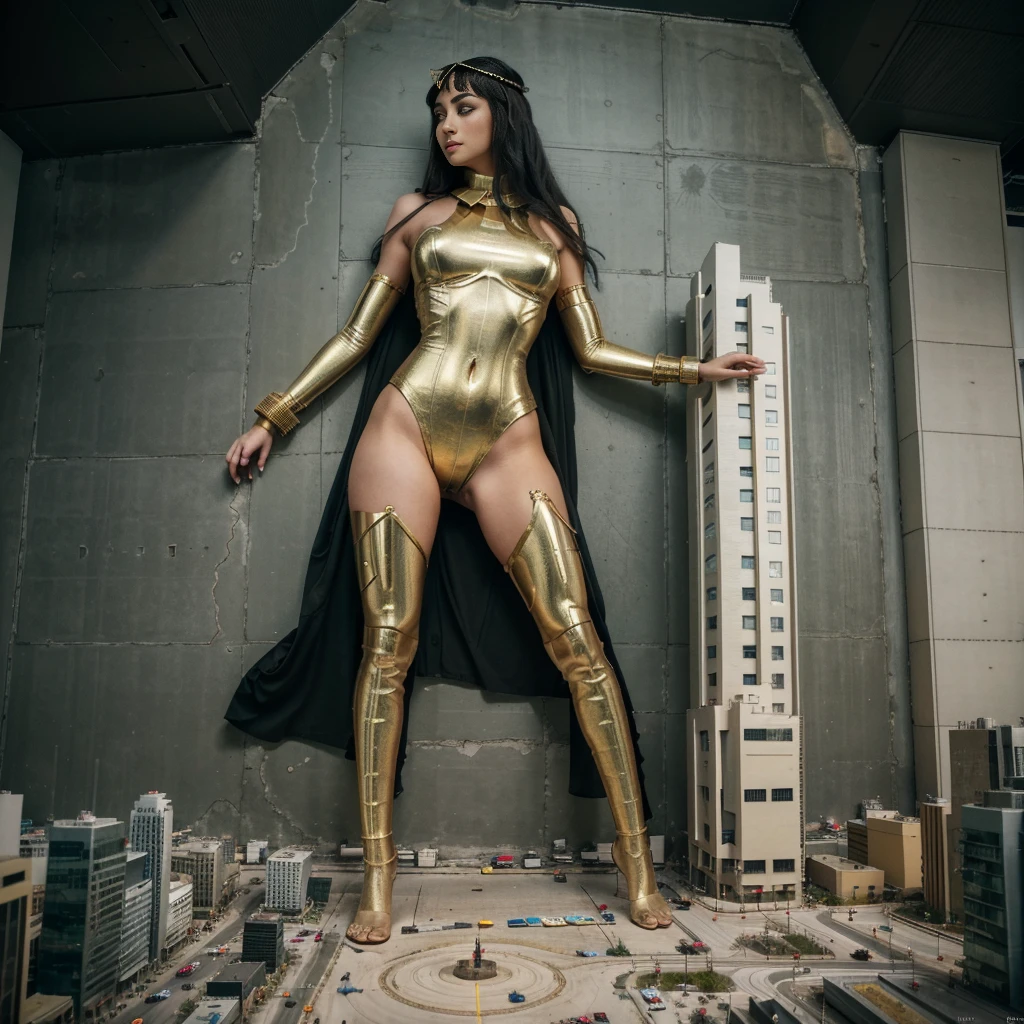 Cleopatra ,Full body photo，GTSCity，sky-scrapers, big ，(long legs:1.2),Extremely tall girl，Beautiful appearance，no branding，perfect lightning，Kinoqualität，8K,good quality,(GTS:1.5),Aerial photography, Building Headquarters, abdomen, shrunken people on the floor