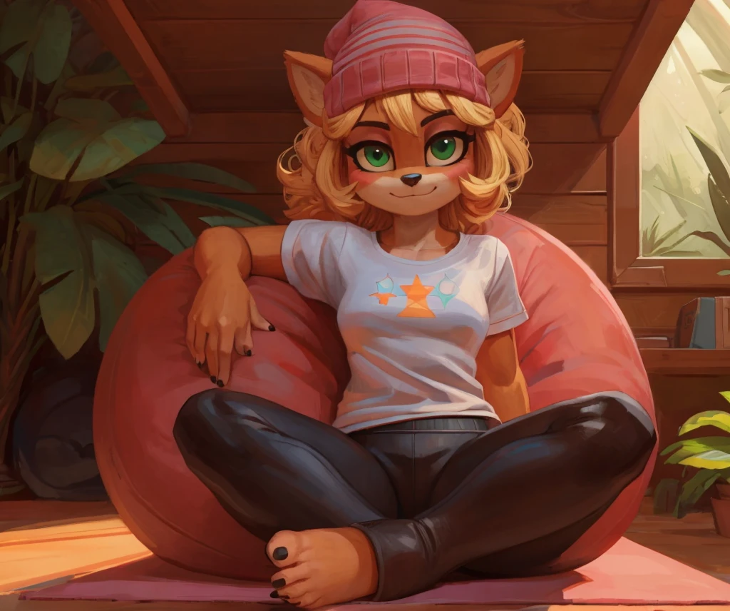 [Coco bandicoot], [Uploaded to e621.net; (Pixelsketcher), (wamudraws)], ((masterpiece)), ((HD)), ((solo portrait)), ((full body)), ((front view)), ((feet visible)), ((furry; anthro)), ((detailed fur)), ((detailed shading)), ((beautiful render art)), ((intricate details)), {anthro; orange fur, black nose, (cute green eyes), (short eyelashes), (pink eyeshadow), (long blonde curly hair), (sharp black nails), (curvy hips), (beautiful legs), (beautiful feet), (humanoid feet), (blushing), (cute smirk), (calm expression)}, {(white tee shirt), (yellow star printed on shirt), (tight pink yoga pants), (pink beanie)}, {(sitting on beanbag), (crossed legs), (looking at viewer)}, [background; (tropical forest), (tree house), (window), (blue sky), (sun rays)]