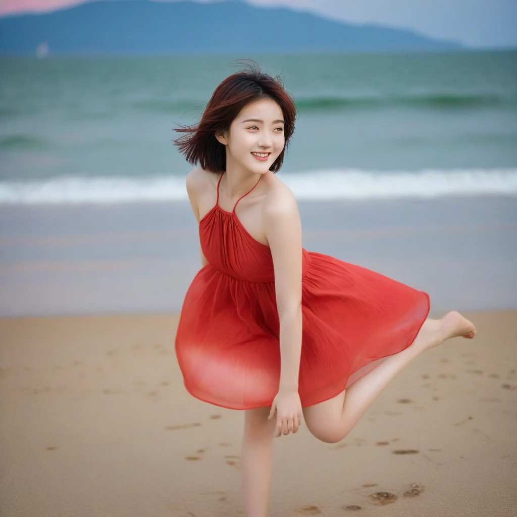 beautiful korean girl, Chest size 34 inches, Wear sleeveless, light skirt, Sunset The entire beach is dyed red. beautiful pretty woman look , wearing a light skirt , Go far into the sea water and dip your toes., Short medium hair blowing in the wind, 1 woman, beautiful eyes, a little smile, Full body photo from a distance with a wide angle lens.