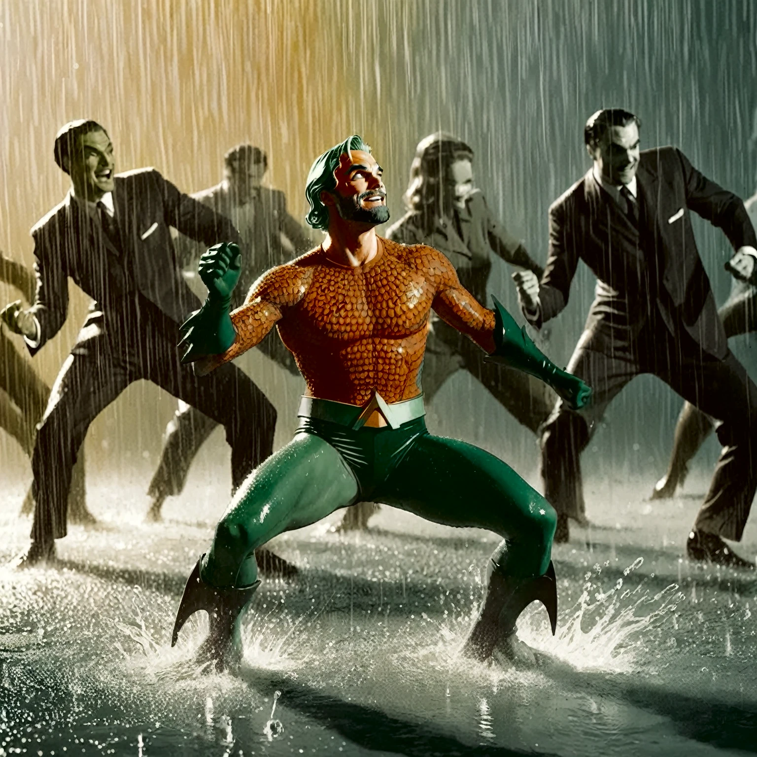 illustrate aquaman dancing stanky boogie in the rain, (vintage green and orange hero aquatic suit), A black and white world, each drop of rain unleashes a ripple of color, bringing color to this otherise mundane world, color reverberating out from each raindrop as it makes contact with the ground, sublte coloring to enrich the black and white image, rich color grading, sense of depth, shading and shadows  (random wild weird dall-e), webcomic, beyond weird, hyper maximal, utterly strange, too weird, unknown, **wordless** strangely dancing aquaman, purely maximal blissed, elated, contortion, stretched skewed, outlandish, odd, weird, absurd, zany, silly, contorted, unhinged, stylish illustration in the style of Joelle Jones of vintage classic sea hero aquaman dancing a stanky boogie dance, warm color grading, cinematic coloring lighting texture, 1940's watercolor background
