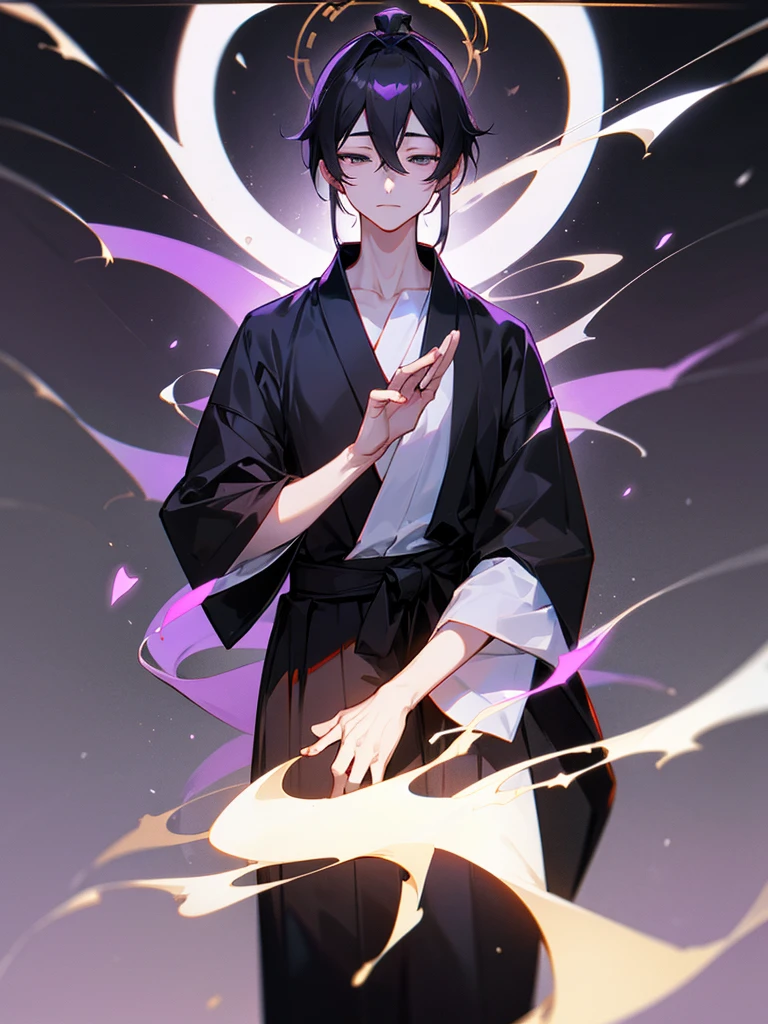 Short black hair, young man, Bodhisattva crown, black and white hakama, Zen meditation, purple halo