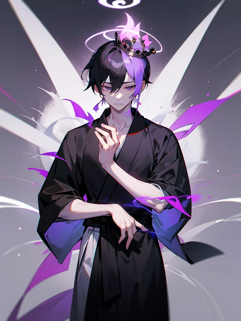Short black hair, young man, Bodhisattva crown, black and white hakama, Zen meditation, purple halo