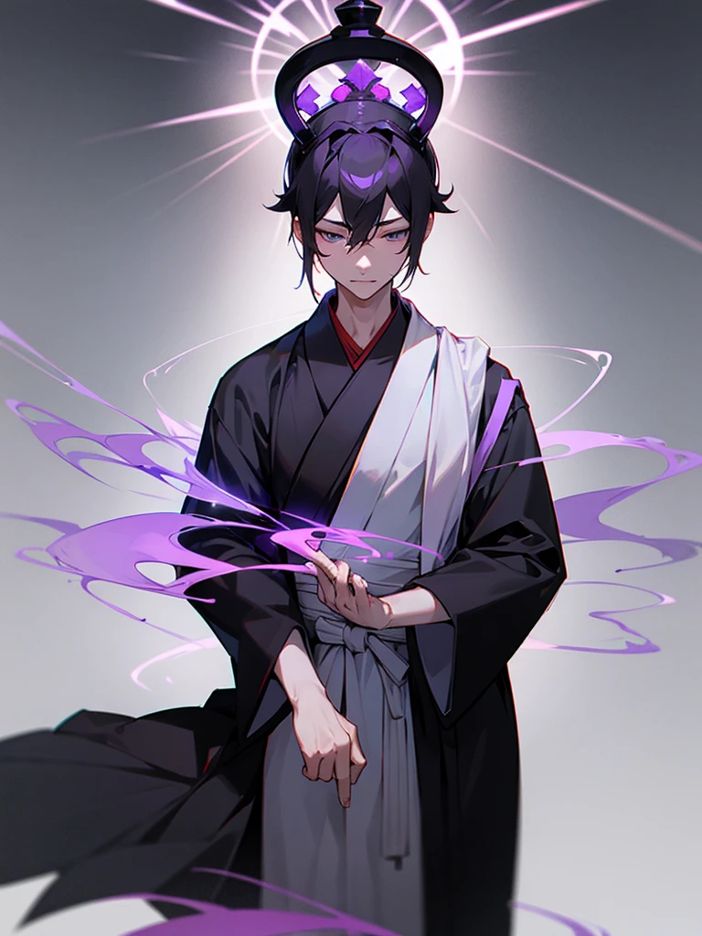 Short black hair, young man, Bodhisattva crown, black and white hakama, Zen meditation, purple halo