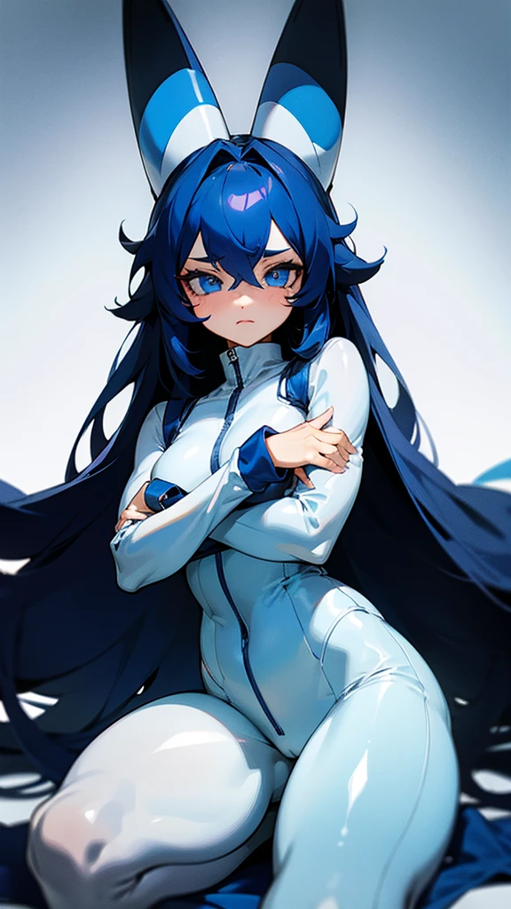Femboy , Dark blue hair, Clear blue eyes, White pupil, Navy blue jumpsuit, Soft and thick thighs