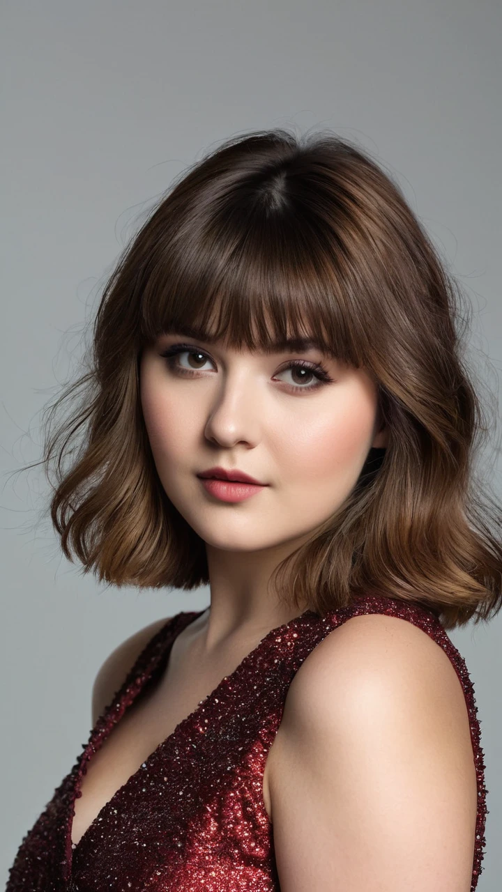 full-length photograph of a girl of about 24 years old , chubby and very sexy, short light brown hair with bangs, dark eyes, with the same fractions of the faces of the photograph used as inspiration, dressed in a festive way