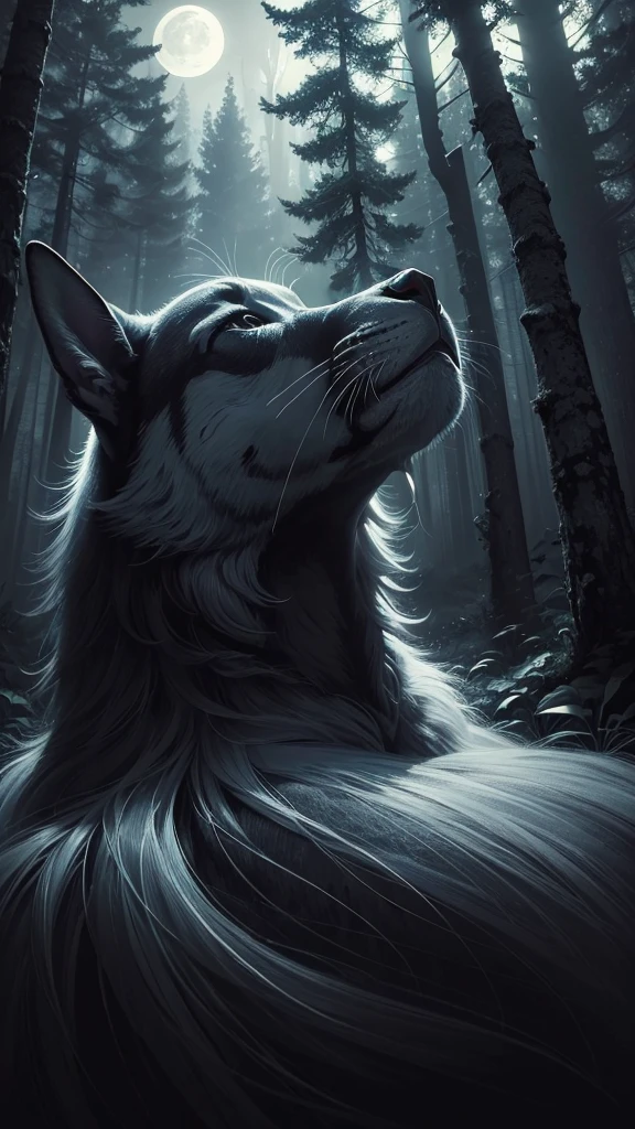 ((masterpiece)),((Highest quality)),((Lots of details)),((Realistic feel)), ((look up:1.6)), Pitch Black, night, Deep in the forest, Moonlight shines, Animal signs, shadow, Dim and dim, High Contrast