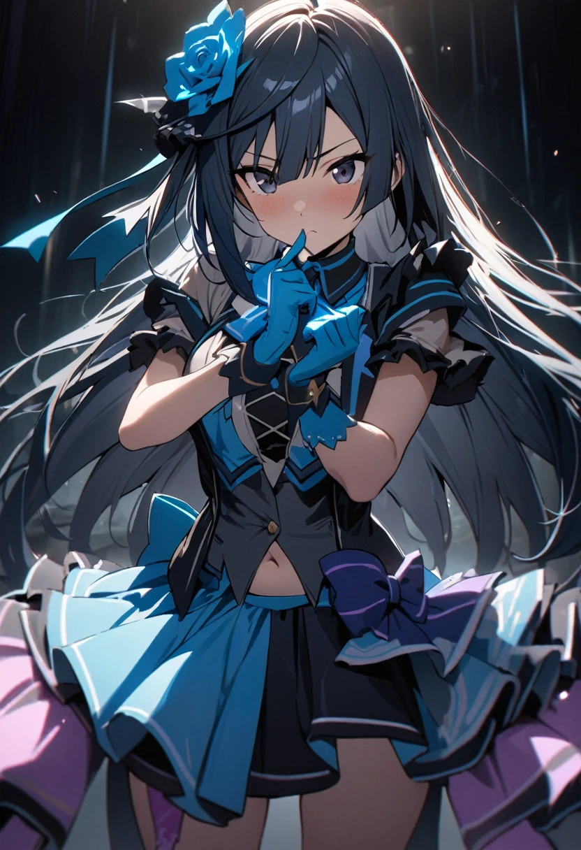 (Yuuki Setsuna), cool, dramatic pose, (masterpiece, best quality, ultra detailed), (cinematic lighting), blue idol costume, (pov, ),