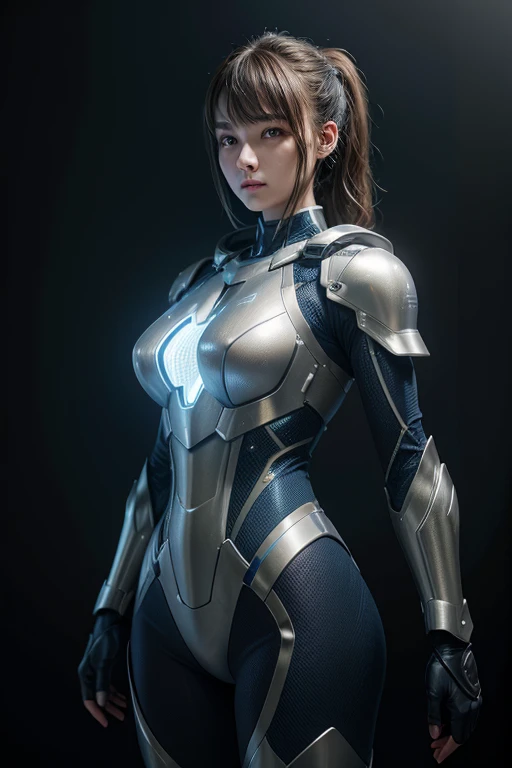 9. Light Armor Visual Description: A futuristic suit with flexible protective plates, combining light metal and resistant fabrics, with an elegant and functional design.