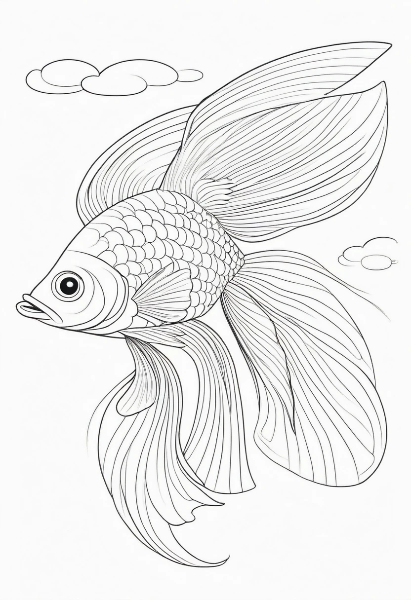coloring page for kids, flying fish , thick lines, drawing, white background