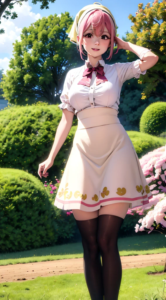 aruraru medium breasts, pink hair, ahoge, (head scarf:1.2), white shirt, (red bow), (cream skirt), (strap skirt), kneehigh skirt, beautiful face, pink eyes, smile, black pantyhose, outdoors, field, (complex background, many elements in the background:1.3),((super detailed background)), dynamic pose, ((8k wallpaper)), (masterpiece:1.2), best quality, absurdres, highres, extremely detailed wallpaper, perfect lighting,8k,HD, cowboy shot,