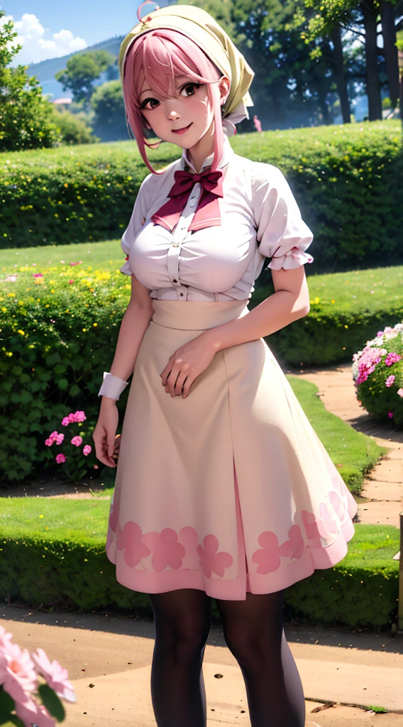 aruraru medium breasts, pink hair, ahoge, (head scarf:1.2), white shirt, (red bow), (cream skirt), (strap skirt), kneehigh skirt, beautiful face, pink eyes, smile, black pantyhose, outdoors, field, (complex background, many elements in the background:1.3),((super detailed background)), dynamic pose, ((8k wallpaper)), (masterpiece:1.2), best quality, absurdres, highres, extremely detailed wallpaper, perfect lighting,8k,HD, cowboy shot,