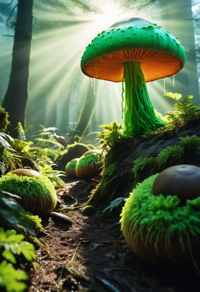 photoart_style,(Toxic green slime planet with giant mushrooms world in foggy),realistic,(film grain),ultrarealistic 4k,cinematic light,light glare,light flare,perfect composition, dynamic play of light, rich colors, epic shot, perfectly quality, natural textures,high detail, photoshadow, (natural colors, correct white balance, color correction, dehaze),(intricate detailed),