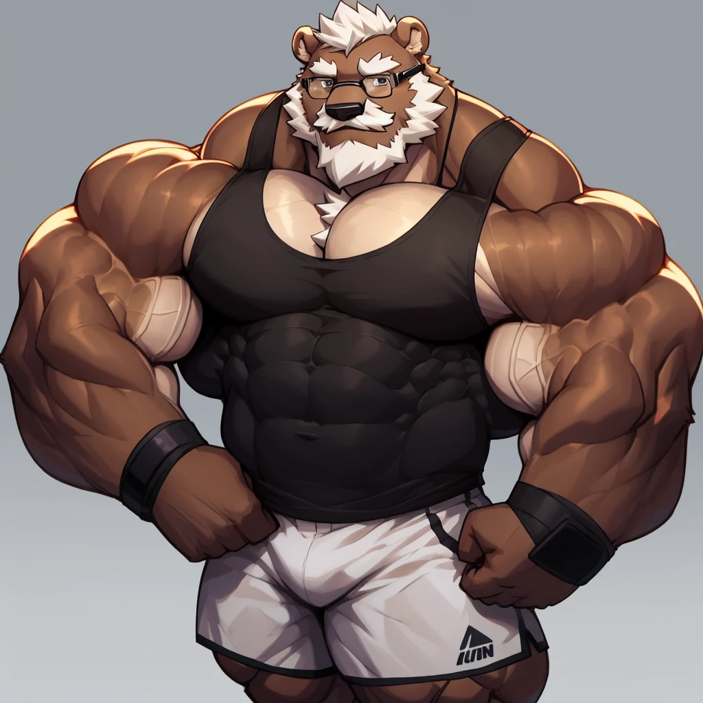 solo, 1boy, Huge Muscular Old Grizzly Bear wearing glasses , pectoral, huge pectoral, wide pectoral, short white hair, short pants, black wristbands and black tank top , bearded, Mustache, simple background, masterpiece, high detailed, 8k, high resolution, at the gym, flexes huge muscles