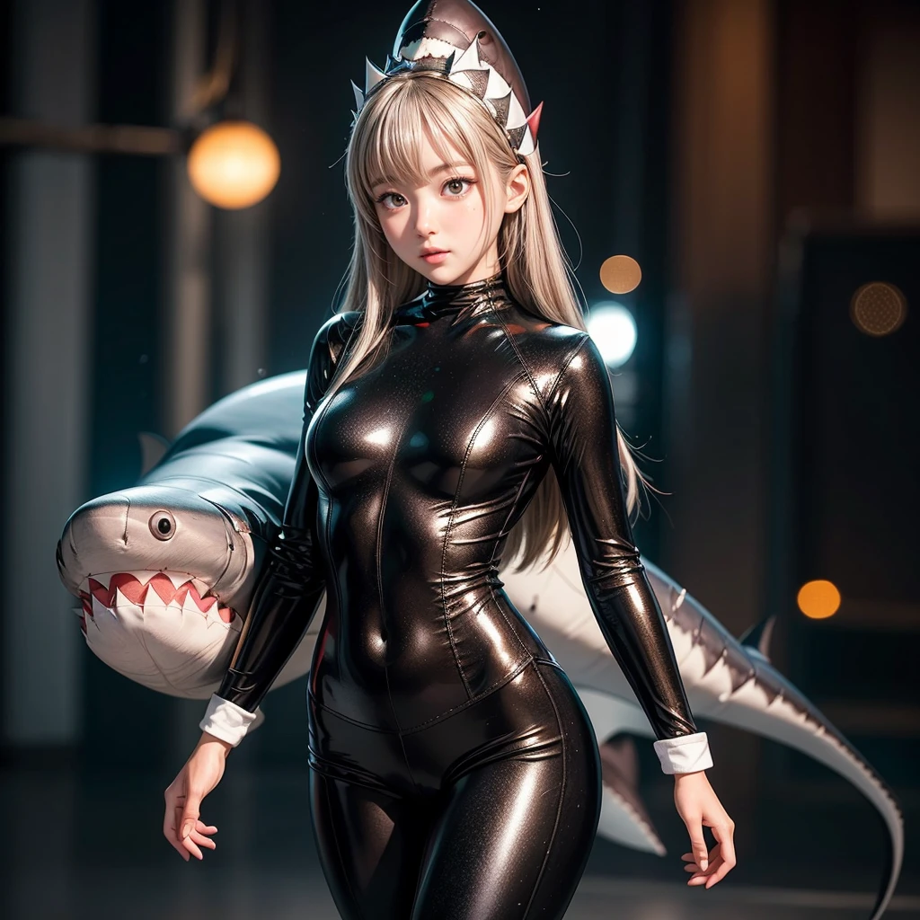 ((stuffed Shark head cap, Skinny BodySuit)), 8k, High-level, absurd, masterpiece, best quality, primitive, very detailed CG, very detailed wallpaper, perfect lighting, Extremely detailed ((( personifying " Shark" as a  Girl))), MysticSight, Tyndall effect, Tyndall scattering, (Studio gray background with (Overflowing oodles Dazzling RainbowColorParticles (BokeH))), (RoundlyButts, ThighGap), (Exposed:0.4), (Assfocus with looking ahead) BREAK  (Acutance:0.88), (NOGIZAKA face variations) Extremely Detailed very KAWAII face variations, perfect anatomy, Childish, CaptivatingGaze ElaboratePupils detailed Eyes with (sparkling highlights:1.28), (Voluminous LongEyelashes:0.88)、GlossyRED Lips with beautiful details, RosyCheeks, Radiant PearlSkin with Transparency . { (Dynamic LifeLike expressions:1.4) | (:d) }, (large eyes:-1) .