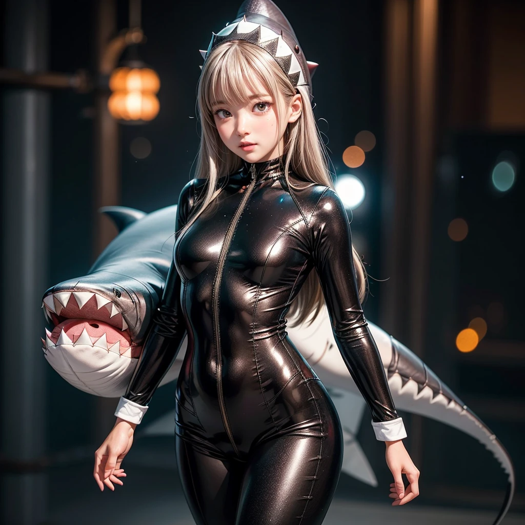 ((stuffed Shark head cap, Skinny BodySuit)), 8k, High-level, absurd, masterpiece, best quality, primitive, very detailed CG, very detailed wallpaper, perfect lighting, Extremely detailed ((( personifying " Shark" as a Little Girl))), MysticSight, Tyndall effect, Tyndall scattering, (Studio gray background with (Overflowing oodles Dazzling RainbowColorParticles (BokeH))), (RoundlyButts, ThighGap), (Exposed:0.4), (Assfocus with looking ahead) BREAK (Acutance:0.88), (NOGIZAKA face variations) Extremely Detailed very KAWAII face variations, perfect anatomy, Childish, CaptivatingGaze ElaboratePupils detailed Eyes with (sparkling highlights:1.28), (Voluminous LongEyelashes:0.88)、GlossyRED Lips with beautiful details, RosyCheeks, Radiant PearlSkin with Transparency . { (Dynamic LifeLike expressions:1.4) | (:d) }, (large eyes:-1) .