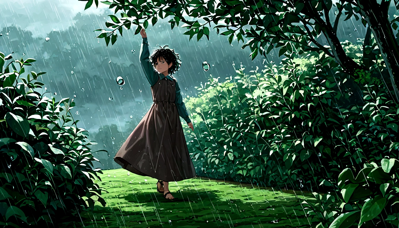 score 9, source anime, wide shot, a young girl dancing in the rain, dynamic pose, perfect face, playful expression, messy hair, wet skin, rain drops, outdoor garden scene, lush green foliage, overcast sky, dramatic lighting, moody colors, cinematic, best quality, 8k, highres, masterpiece, ultra-detailed,