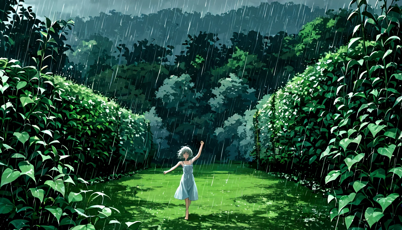 score 9, source anime, wide shot, a young girl dancing in the rain, dynamic pose, perfect face, playful expression, messy hair, wet skin, rain drops, outdoor garden scene, lush green foliage, overcast sky, dramatic lighting, moody colors, cinematic, best quality, 8k, highres, masterpiece, ultra-detailed,