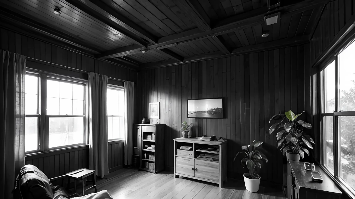 color, Acoustic guitar, wooden studio, houseplants, black-and-white photos written on the wall.