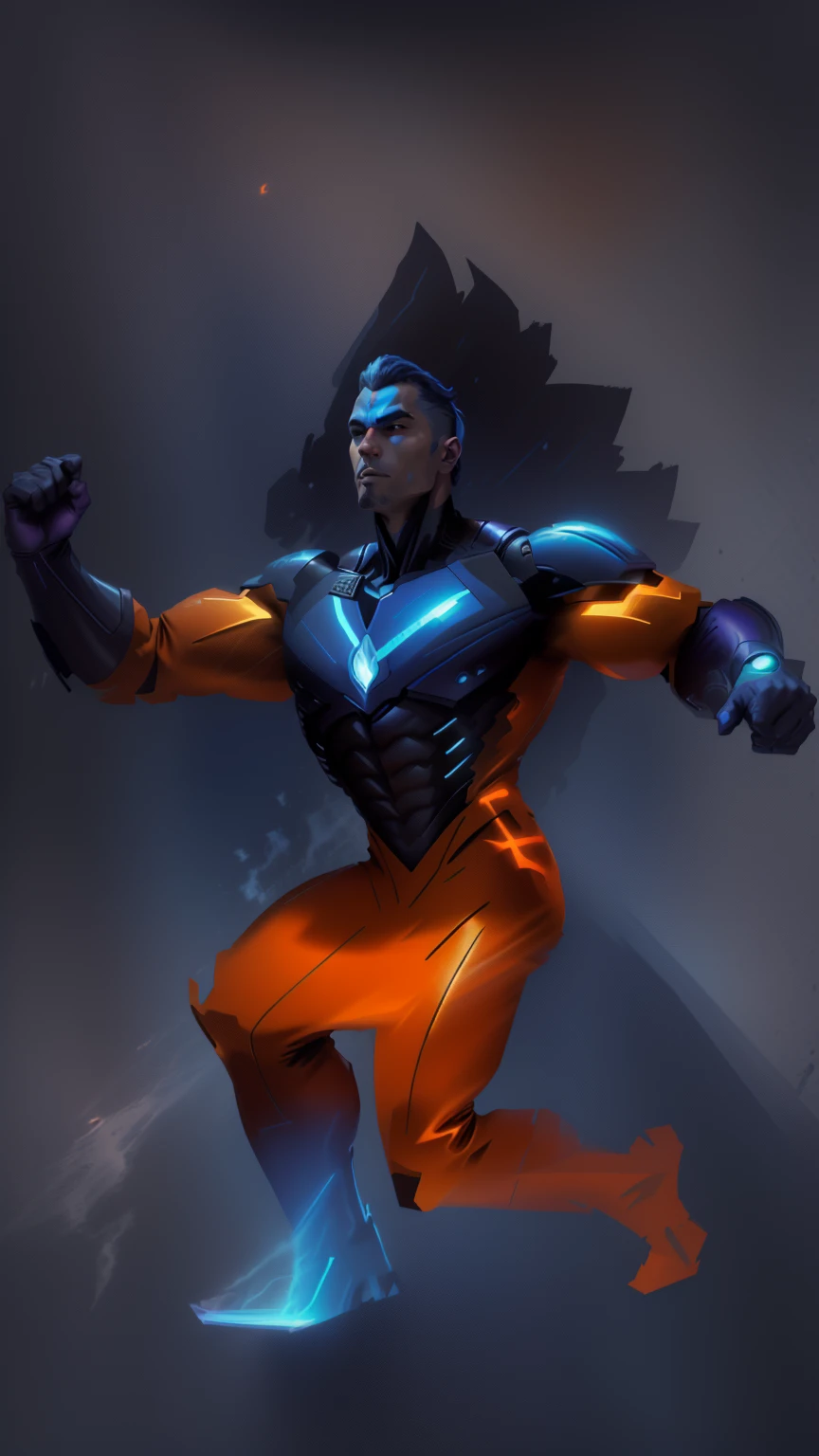 a close up of a drawing of a man in a blue suit, full portrait of electromancer, fantastic non human character, 90s comic book character design, comic book character, thunder man, heroic masculine pose, caracal cyborg, full body concept, some orange and blue, vibrant fan art, inspired by Rob Liefeld, experimental supersoldier