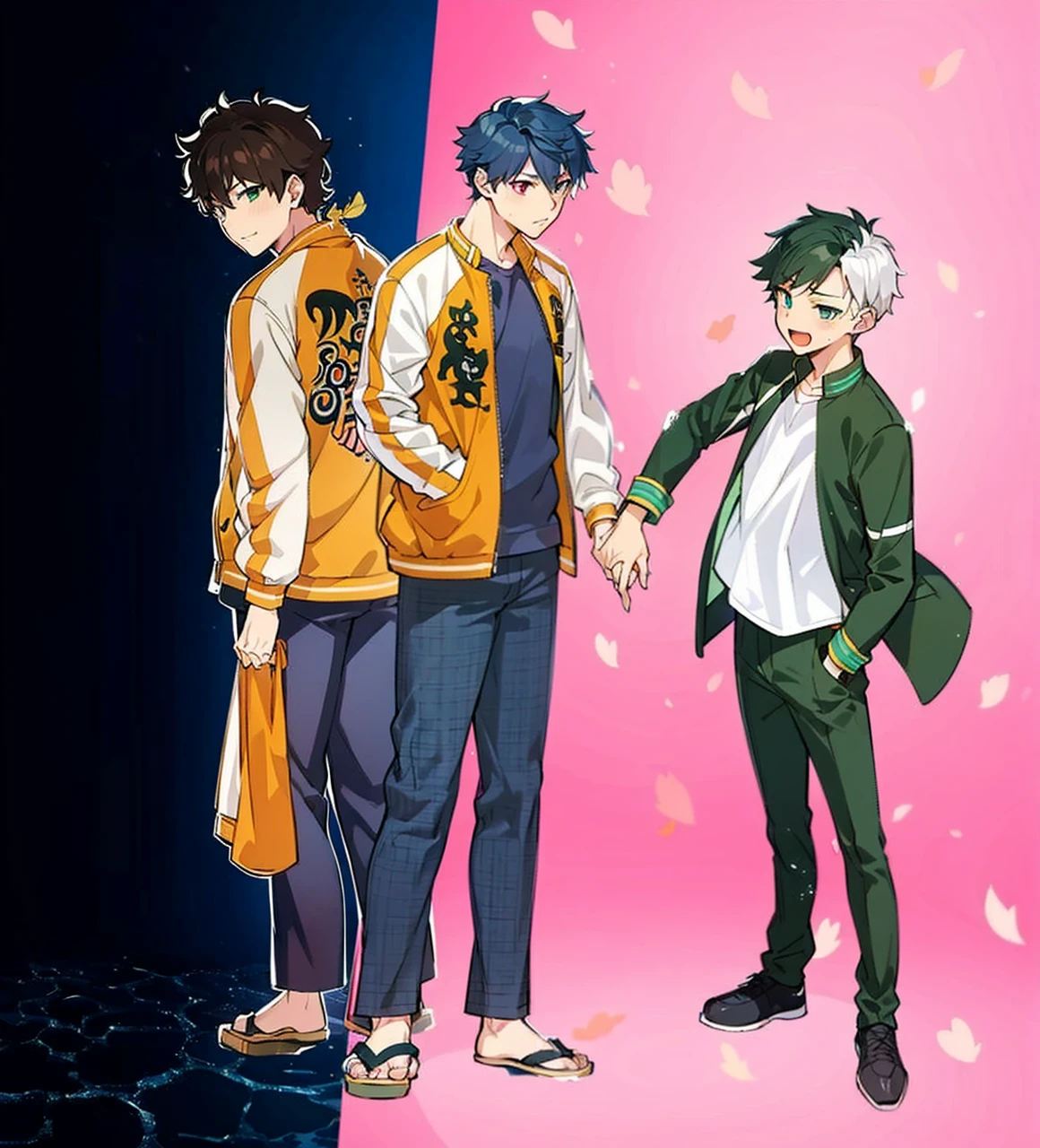 anime characters standing next to each other holding hands on a pink background, offcial art, visual principal do anime”, bishounen, official anime still, official fanart, inspired by Okumura Masanobu, anime key visual concept, koyoharu gotouge, offcial art do anime, official anime from the studio yet, official modern anime, main visuals of the anime, anime cel shaded