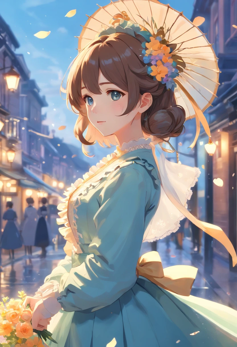 (Masterpiece), (best quality), illustration of Victorian Girl、kawaii girl、aniime、 1. **lo fashion**: Victorian fashion is characterized by dressy and elegant design。Ruffles and laces、corsets、Try incorporating elements such as long dresses。 2. **hairstyle on**: Women's hairstyles in the Victorian era are often complex and delicate。Upstyling and curling、It is also a good idea to add ribbons and floral ornaments to the hair.。 3. **Features**: girl features with soft features、Beautiful、kawaii、intelligent Beatty, Beautiful 5. **accessorized**: Accessories played an important role in the Victorian era。Hats、gloves、umbrellas, etc.、By drawing accessories with attention to detail、You can give your character personality。 Nice dress、florals、Luxurious costumes、PastelColors, (shining brightly), ((dazzling)), (floating a lot of flower petals, ((2D)), ((paper art))