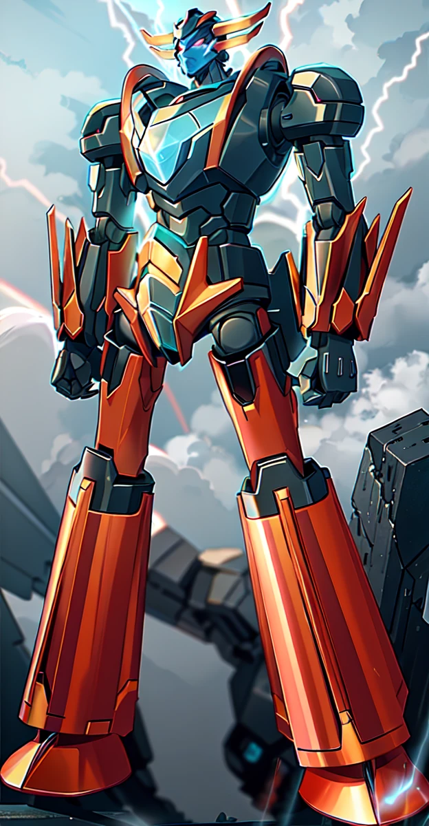 A colossal robot standing in the midst of a violent thunderstorm. The robot has a powerful and intimidating presence with a sleek, armored body in shades of dark blue and red. Its eyes are glowing brightly, and a radiant energy core is visible on its chest. Lightning bolts are striking around and onto the robot, illuminating the scene with intense, dramatic light. The robot’s cape is tattered and flutters in the fierce wind. The background is filled with dark, stormy clouds, with occasional bursts of lightning cutting through the sky. The overall atmosphere is intense and electrifying, conveying a sense of epic power and dominance.