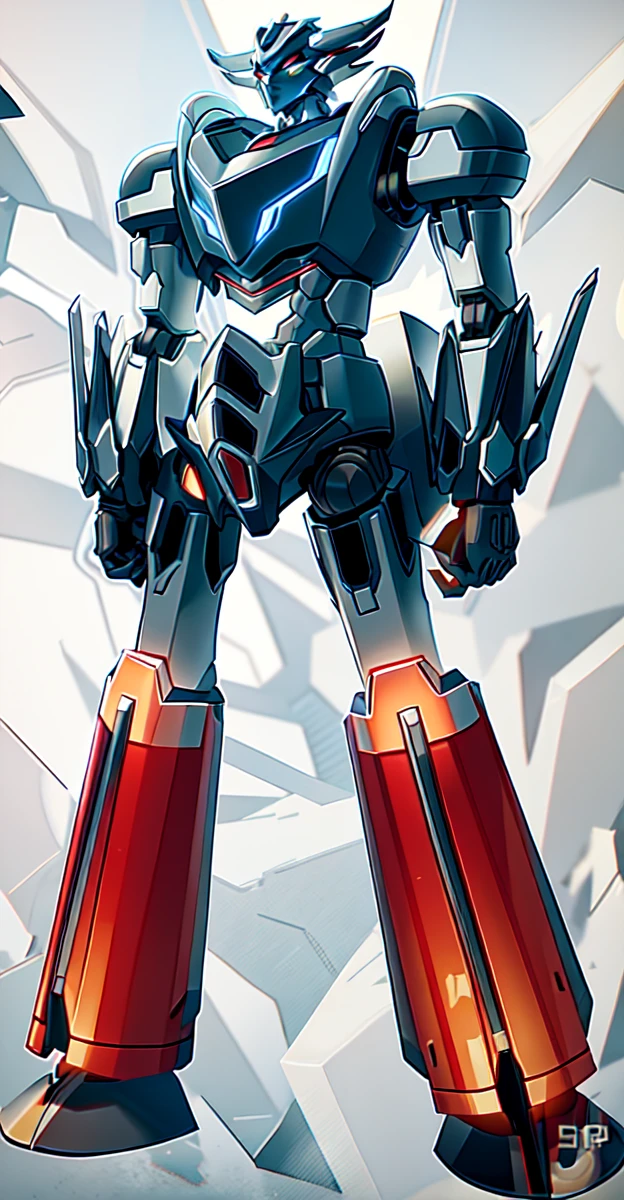 A colossal robot standing in the midst of a violent thunderstorm. The robot has a powerful and intimidating presence with a sleek, armored body in shades of dark blue and red. Its eyes are glowing brightly, and a radiant energy core is visible on its chest. Lightning bolts are striking around and onto the robot, illuminating the scene with intense, dramatic light. The robot’s cape is tattered and flutters in the fierce wind. The background is filled with dark, stormy clouds, with occasional bursts of lightning cutting through the sky. The overall atmosphere is intense and electrifying, conveying a sense of epic power and dominance.