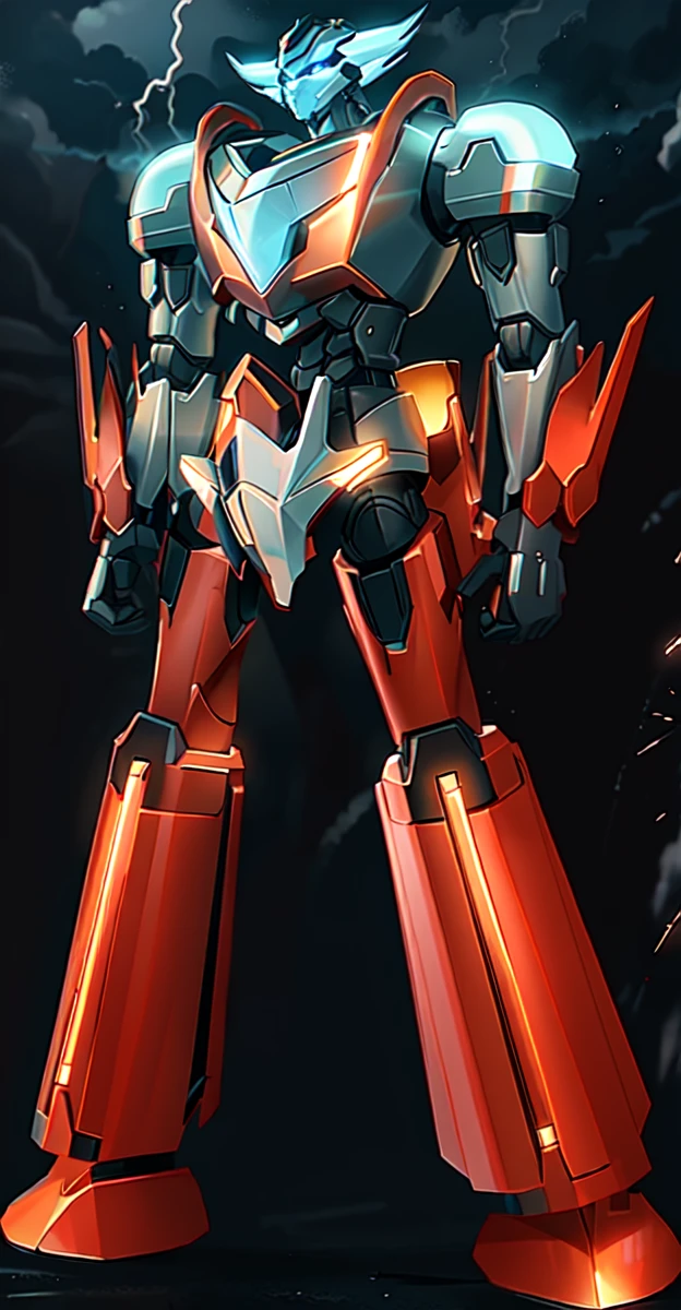 A colossal robot standing in the midst of a violent thunderstorm. The robot has a powerful and intimidating presence with a sleek, armored body in shades of dark blue and red. Its eyes are glowing brightly, and a radiant energy core is visible on its chest. Lightning bolts are striking around and onto the robot, illuminating the scene with intense, dramatic light. The robot’s cape is tattered and flutters in the fierce wind. The background is filled with dark, stormy clouds, with occasional bursts of lightning cutting through the sky. The overall atmosphere is intense and electrifying, conveying a sense of epic power and dominance.