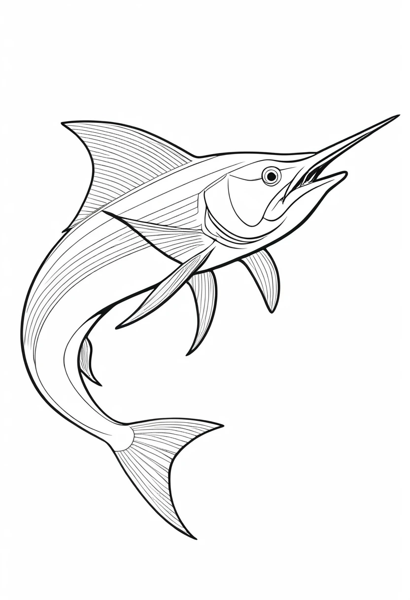 coloring page for kids, swordfish, thick lines, drawing, white background