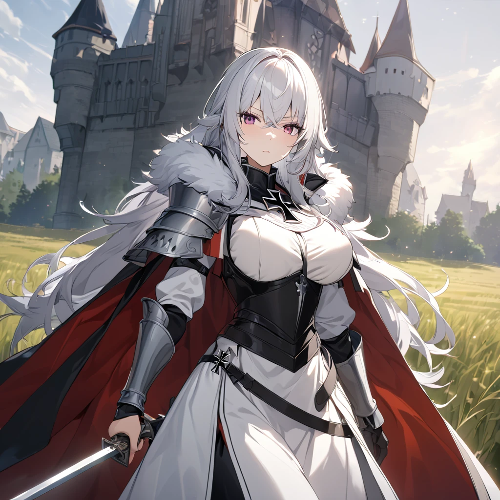 A woman wearing medieval Teutonic armor, wearing a white tunic, black iron cross drawn on the tunic, metal bracelet, metal boots, holding a steel sword,Teutonic Helm, white fur cape, long cape, large breasts, burgundy eyes, silver hair , long hair, serious face, on a dirt walk in an open medieval field, with medieval aesthetics of the place, castle in the background.UHD , prime work , accurate , anatomically correct , textured skin , super details , high quality , best quality, 8k, high resolution, bokeh effect. (woman alone), close view
