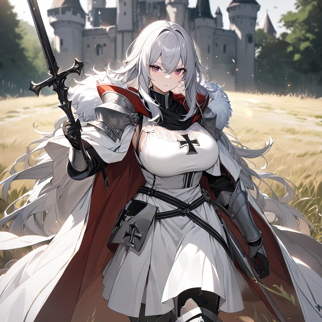 A woman wearing medieval Teutonic armor, wearing a white tunic, black iron cross drawn on the tunic, metal bracelet, metal boots, holding a steel sword,Teutonic Helm, white fur cape, long cape, large breasts, burgundy eyes, silver hair , long hair, serious face, on a dirt walk in an open medieval field, with medieval aesthetics of the place, castle in the background.UHD , prime work , accurate , anatomically correct , textured skin , super details , high quality , best quality, 8k, high resolution, bokeh effect. (woman alone), close view
