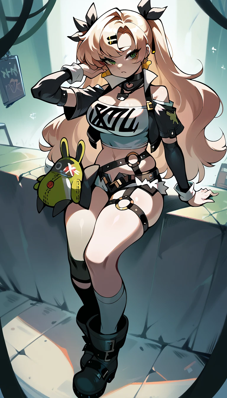 tube top, single thighhigh, short shorts, cropped jacket, belt boots, hair ribbon, hairclip, earrings, single sock, high belt, thigh strap, detached sleeves, doll, black collar, long hair, 