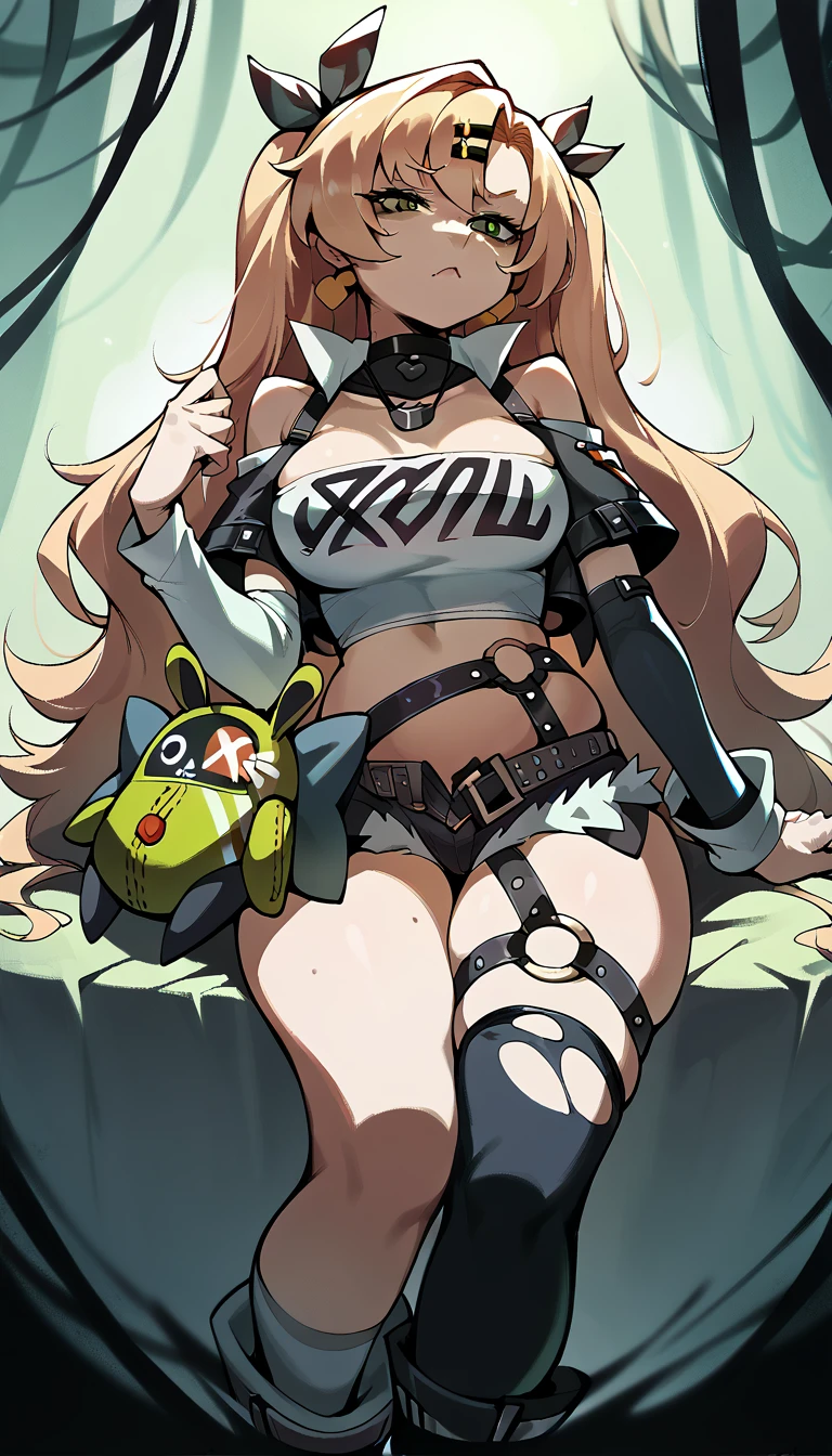 tube top, single thighhigh, short shorts, cropped jacket, belt boots, hair ribbon, hairclip, earrings, single sock, high belt, thigh strap, detached sleeves, doll, black collar, long hair,