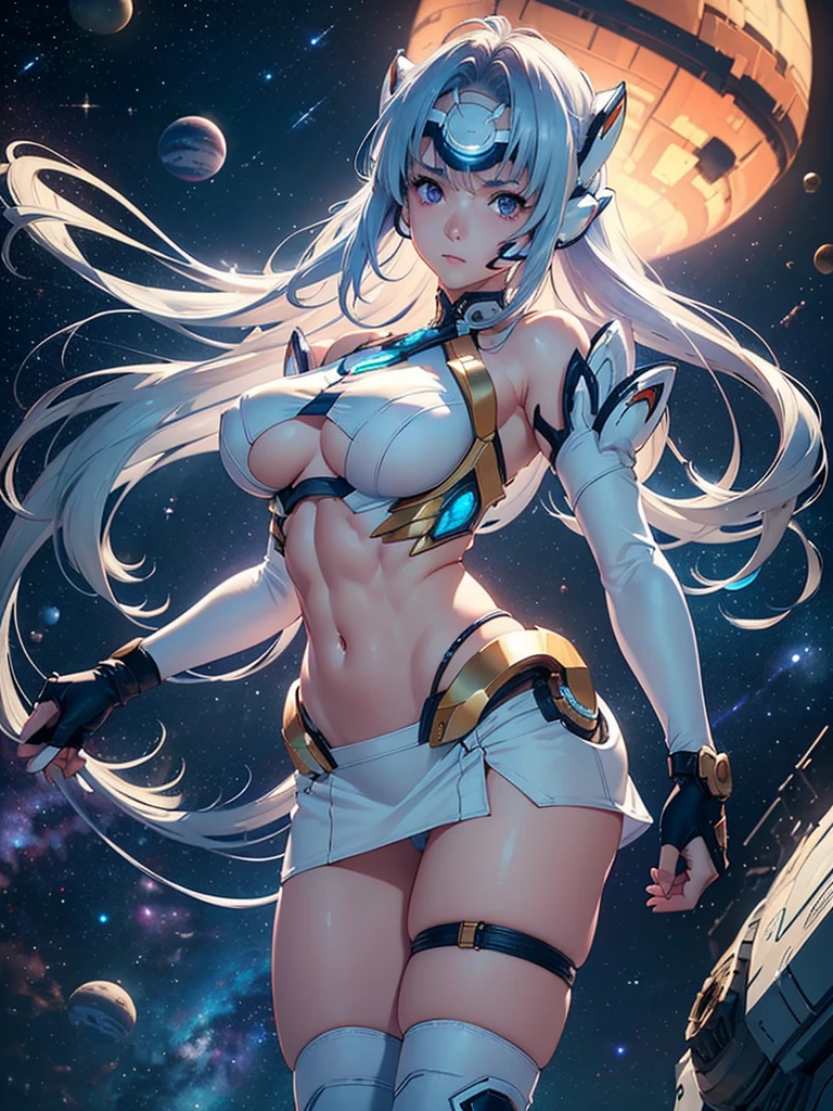 (masterpiece:1.3), (8K、photorealistic, Raw photo, best quality:1.4), (solo), one girl, (((kos-mos))), beautiful face, Beautiful face with perfect symmetry, cute face, (beautiful light blue long hair), With bangs, There is a visor on the forehead, beautiful purple eyes, perfect anatomy, (high detail skin: 1.2), natural breast, Beautiful thighs, Natural buttocks, white costume, mini skirt, costume with open chest, Clothes that look like 6 pack abs, Stars and planets can be seen in outer space, standing on the deck of a spaceship, perfect lighting, focus only, perfect anatomy,Front view,