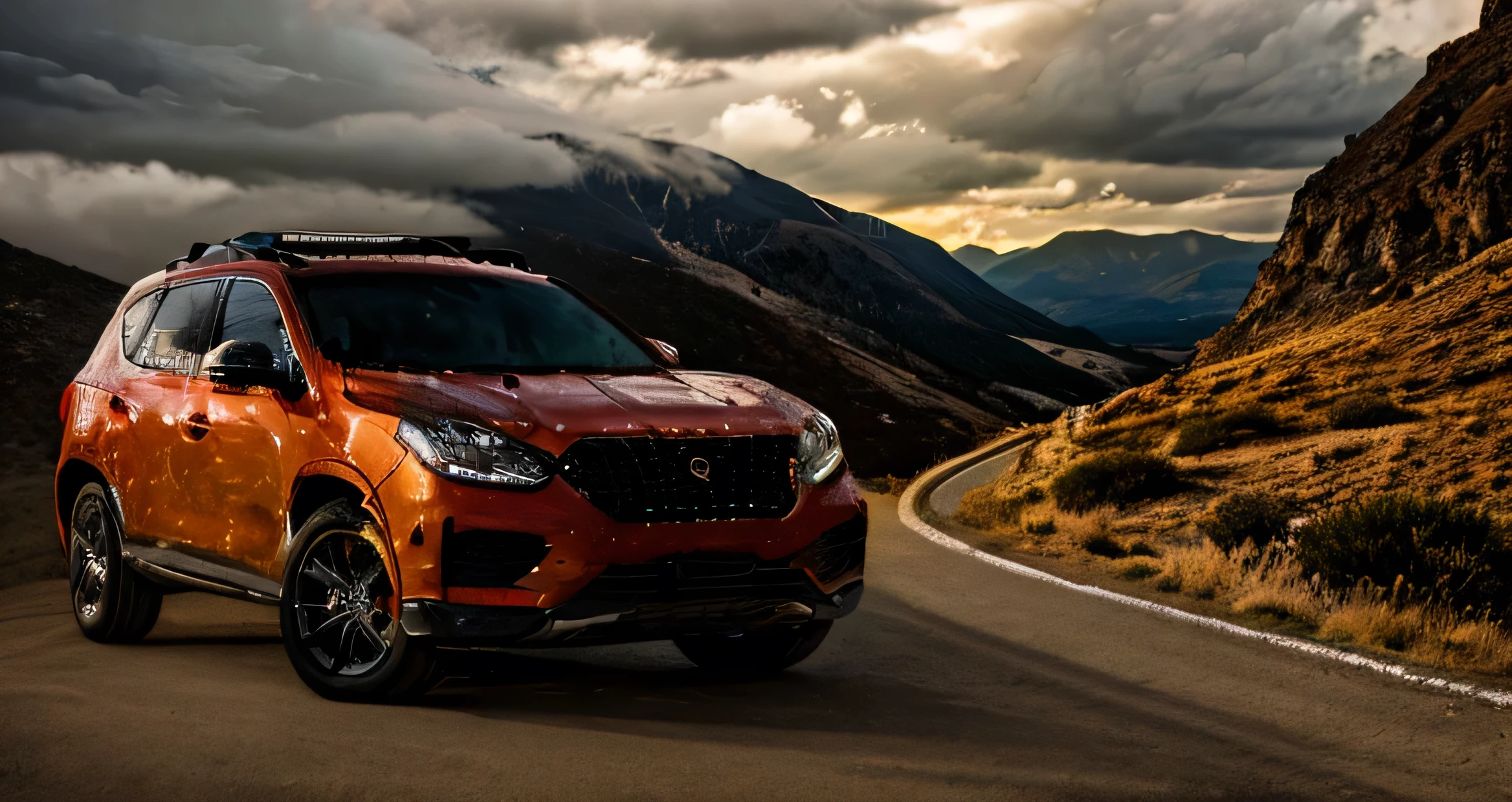 A bold, full-frame promotional poster showcasing a luxury SUV roaring down a winding mountain highway. The lens captures the vehicle's grandeur from a low angle, emphasizing its power and dominance over the rugged terrain. The lighting is dramatic, with the sun peeking through scattered clouds, casting dramatic shadows across the car's sleek body. The style is hyper-realistic, making the vehicle leap off the poster with incredible detail. The weather is cool and crisp, setting the perfect stage for an exhilarating drive through nature's majesty. The atmosphere is adventurous and aspirational, inspiring viewers to embark on their own journey.