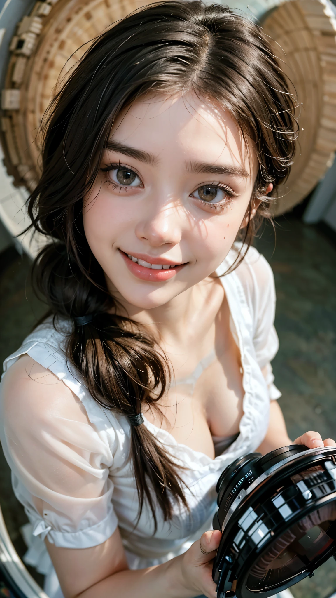 Highest quality, masterpiece, Ultra-high resolution,8K, (Realistic:1.6), (Close-up portrait:1.4) RAW Photos, ((Fashion in white tones)),((Up Facial)),girl,(Full of smiles, Showing teeth)), 22 years old,((Random Hairstyles)),((Looking up at the audience)),Face Focus:1.4,((Shooting from above with a fisheye lens:1.4)),