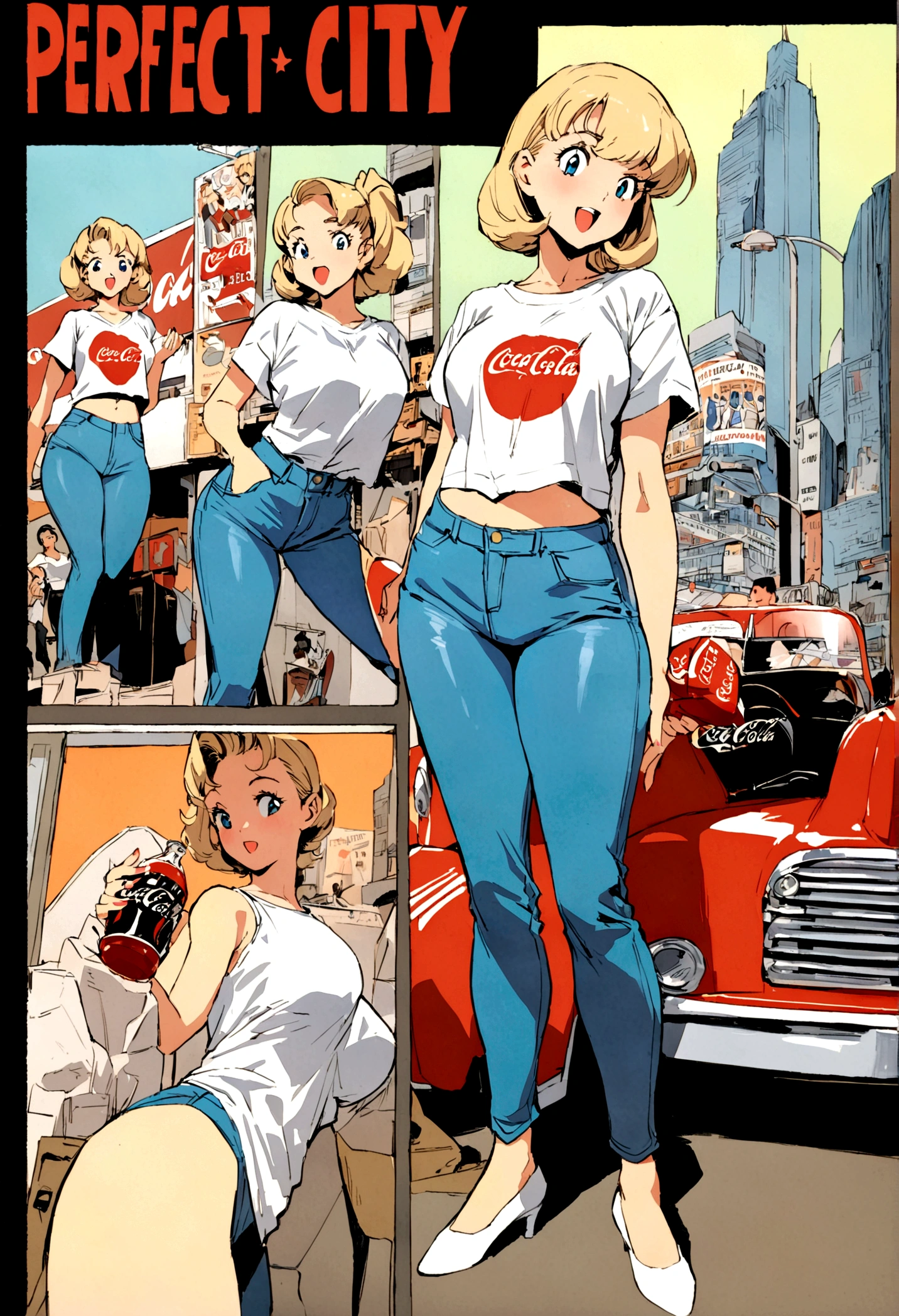 (vintage),(Retro),(Cartel), coca cola advertising with perfect girl, clothing oversized blue jeans and white t-shirt with open waist(sexy), military environment, Masterpiece, comics(tokyo city) (1990)