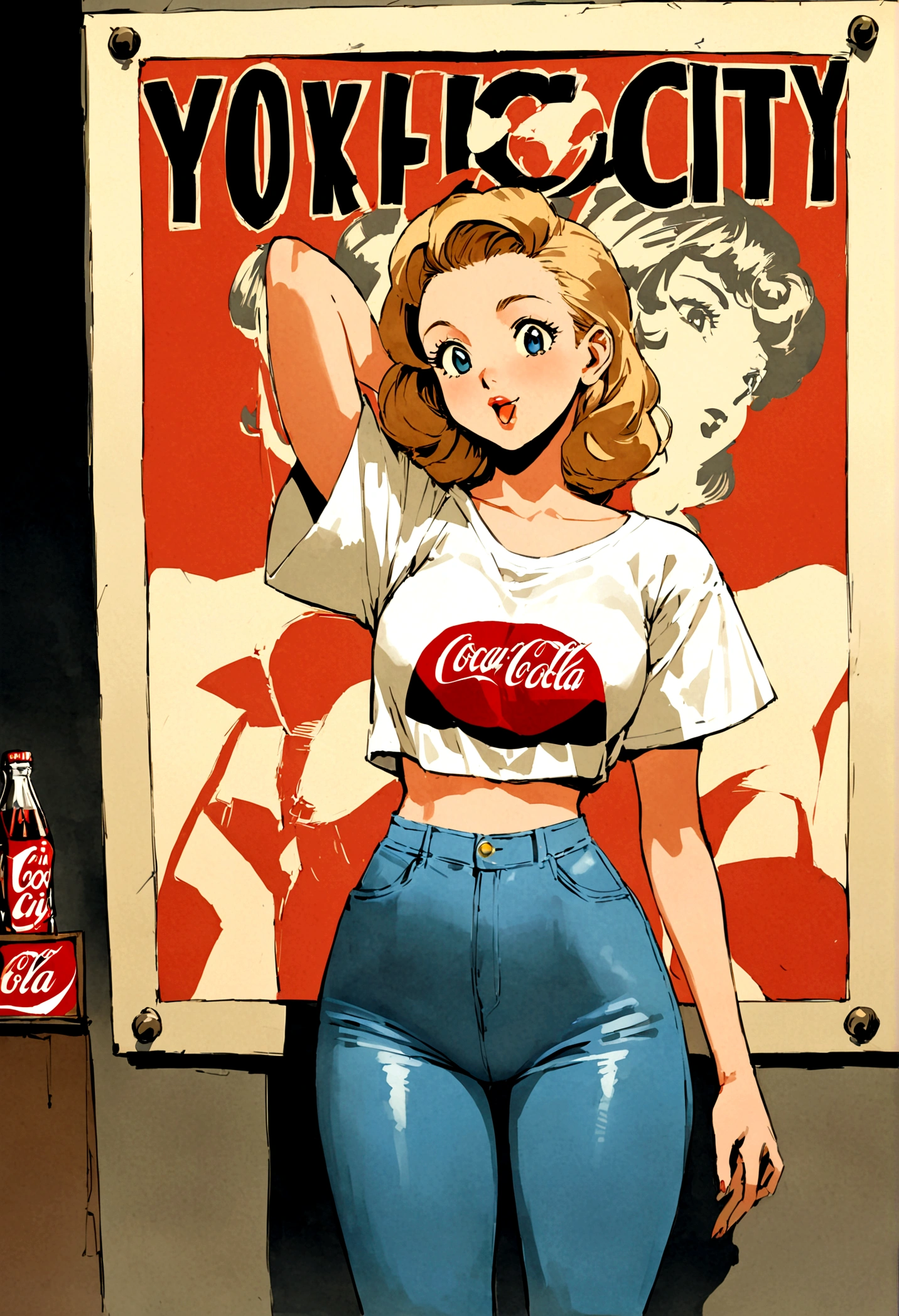 (vintage),(Retro),(Cartel), coca cola advertising with perfect girl, clothing oversized blue jeans and white t-shirt with open waist(sexy), military environment, Masterpiece, comics(tokyo city) (1990)
