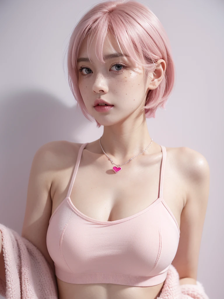 Cute girl short pink hair, with two bows on each side of the hair, all her hair short pink , with a star clip in her pink hair, light colored eyes, pretty eyes, crying eyes, pretty, upturned nose, watery nose, Pretty lips, pink lips, heart and cupid shaped lip, pretty skin, pale, White skin, with moles and freckles all over his face, soft pink blush on the cheeks, natural pink blush, soft pink makeup, Jennie, nice neck, marked collar, frown, tender look, with a kiss necklace, a pretty kiss necklace, similar to Yumeko Jabami, while wearing a Crochet YK2, woolen, with a white pants , while wearing a deep blue top with bear prints, while having a bare abdomen, Delgado, marked and pretty, (big breasts, soft breasts, nice breasts), while she is cosplaying the character Yumeko Jabami, The anime Kakegurui, looking to the camera, full body photography , Colour of clothes should be only blue and white .