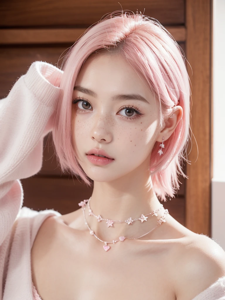 Cute girl short pink hair, with two bows on each side of the hair, all her hair short pink , with a star clip in her pink hair, light colored eyes, pretty eyes, crying eyes, pretty, upturned nose, watery nose, Pretty lips, pink lips, heart and cupid shaped lip, pretty skin, pale, White skin, with moles and freckles all over his face, soft pink blush on the cheeks, natural pink blush, soft pink makeup, Jennie, nice neck, marked collar, frown, tender look, with a kiss necklace, a pretty kiss necklace, similar to Yumeko Jabami, while wearing a Crochet YK2, woolen, with a white pants , while wearing a deep blue top with bear prints, while having a bare abdomen, Delgado, marked and pretty, (big breasts, soft breasts, nice breasts), while she is cosplaying the character Yumeko Jabami, The anime Kakegurui, looking to the camera, full body photography , Colour of clothes should be only blue and white .
