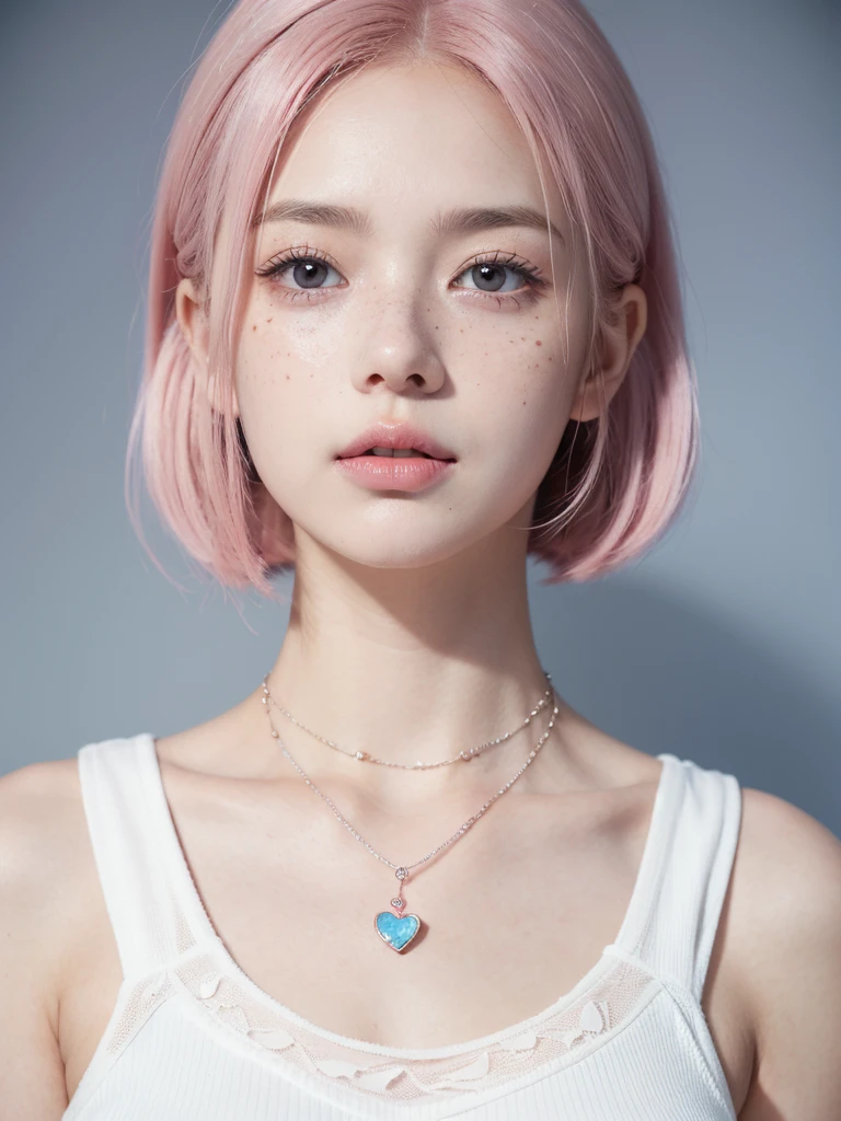 Cute girl short pink hair, with two bows on each side of the hair, all her hair short pink , with a star clip in her pink hair, light colored eyes, pretty eyes, crying eyes, pretty, upturned nose, watery nose, Pretty lips, pink lips, heart and cupid shaped lip, pretty skin, pale, White skin, with moles and freckles all over his face, soft pink blush on the cheeks, natural pink blush, soft pink makeup, Jennie, nice neck, marked collar, frown, tender look, with a kiss necklace, a pretty kiss necklace, similar to Yumeko Jabami, while wearing a Crochet YK2, woolen, with a white pants , while wearing a deep blue top with bear prints, while having a bare abdomen, Delgado, marked and pretty, (big breasts, soft breasts, nice breasts), while she is cosplaying the character Yumeko Jabami, The anime Kakegurui, looking to the camera, full body photography , Colour of clothes should be only blue and white .