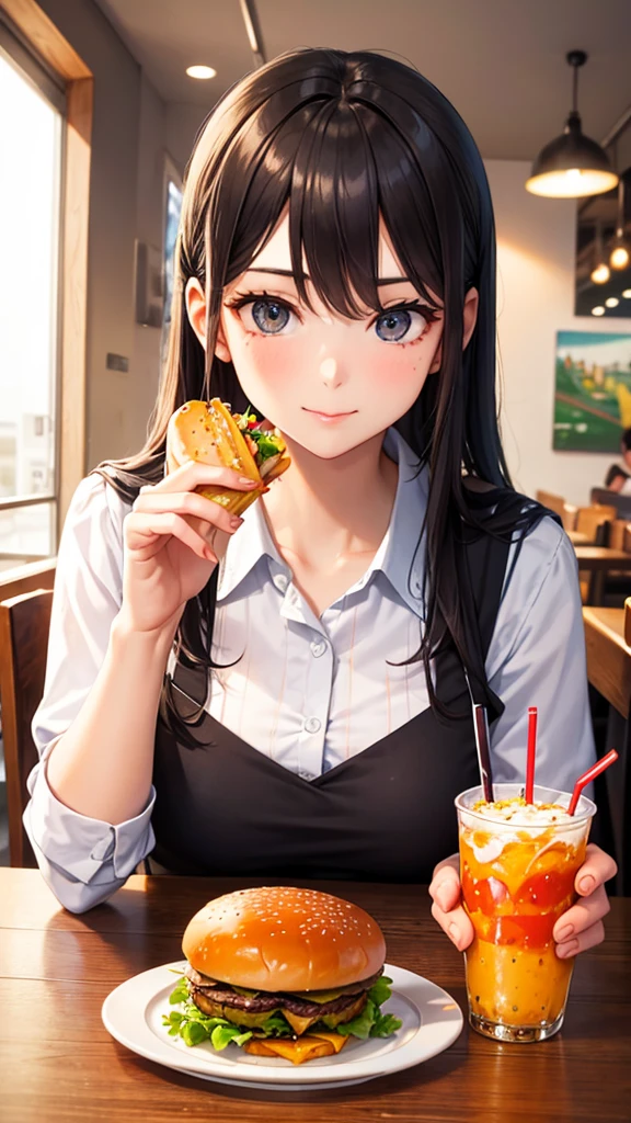 Burger with fries a glass of soda, over the table