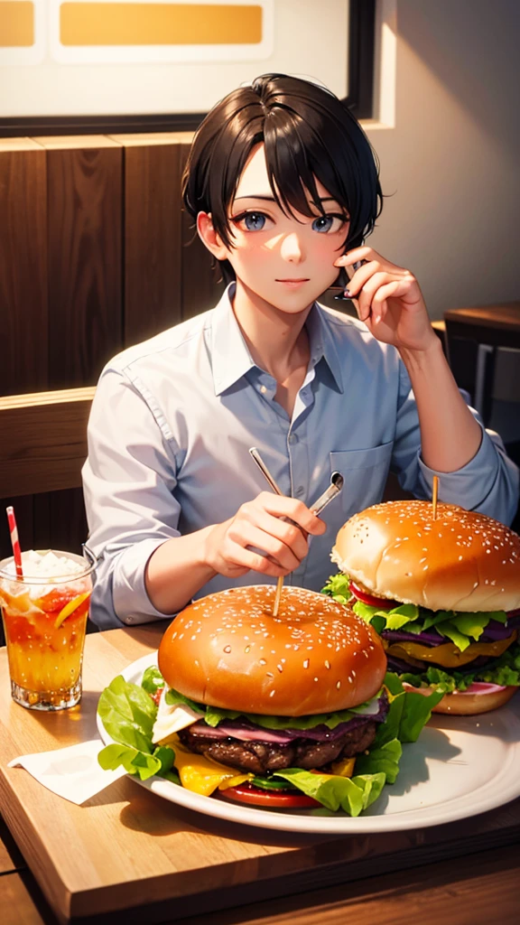 Burger with fries a glass of soda, over the table