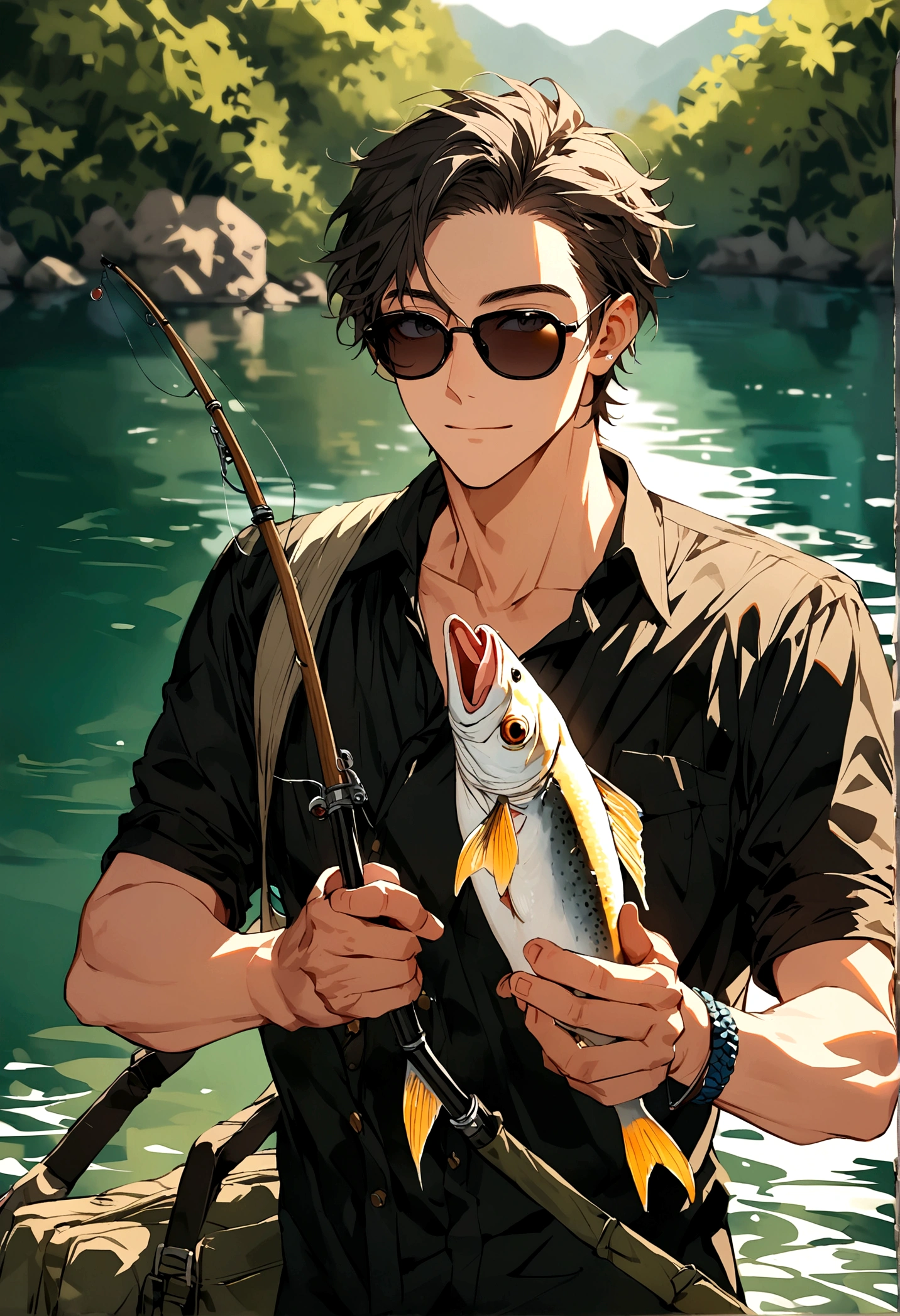 A man 27 years old. Sunglasses, go to fishing,