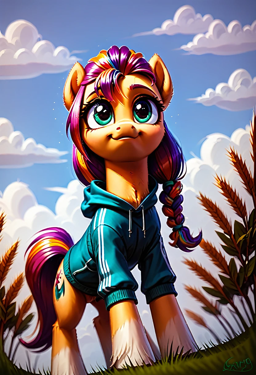 Sunny Starscout, Pony, Sweatshirt, Nike Brand, (White Background background: Full), very cute, detailed mane and fur, fluffy, (body fur), blurry, beautiful, cloudy_Sky cloud,Sky, day, high detail, digital art style, soft diffusion, dutch angle,