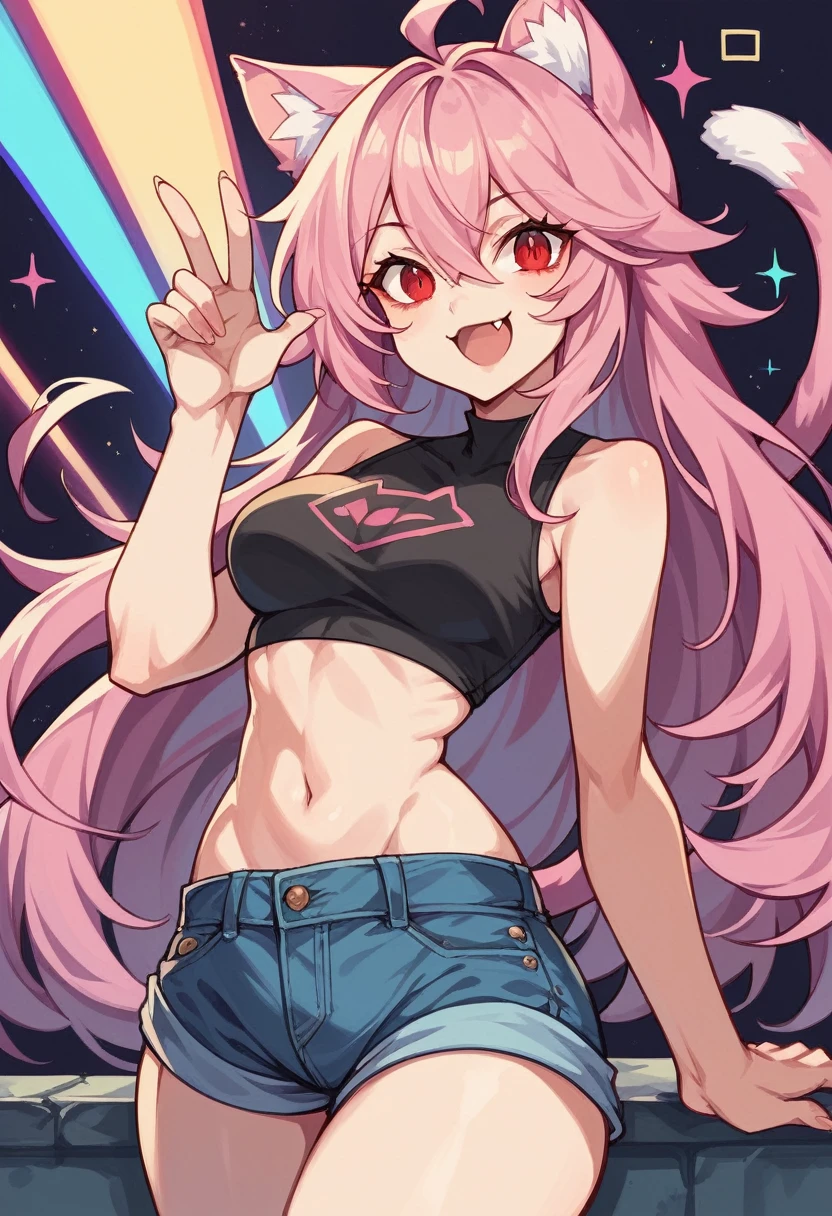 masterpiece, best quality, 1girl, neon pink hair, red eyes, long hair, ahoge, 163cm, hair between eyes, narrow waist, medium breasts, crop top, high wasted, denim shorts, 20 years old,  solo, sole, smile, cat ears, cat tail, fang, catgirl, animal ears, absurdres, psychedelic
